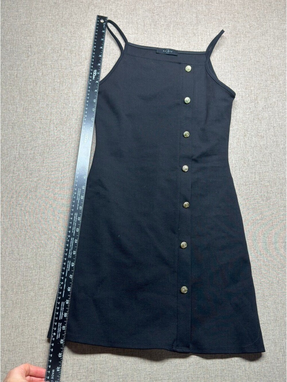 2 Saints Black Mini Dress Small Gold Button Front Spaghetti Strap Stretch